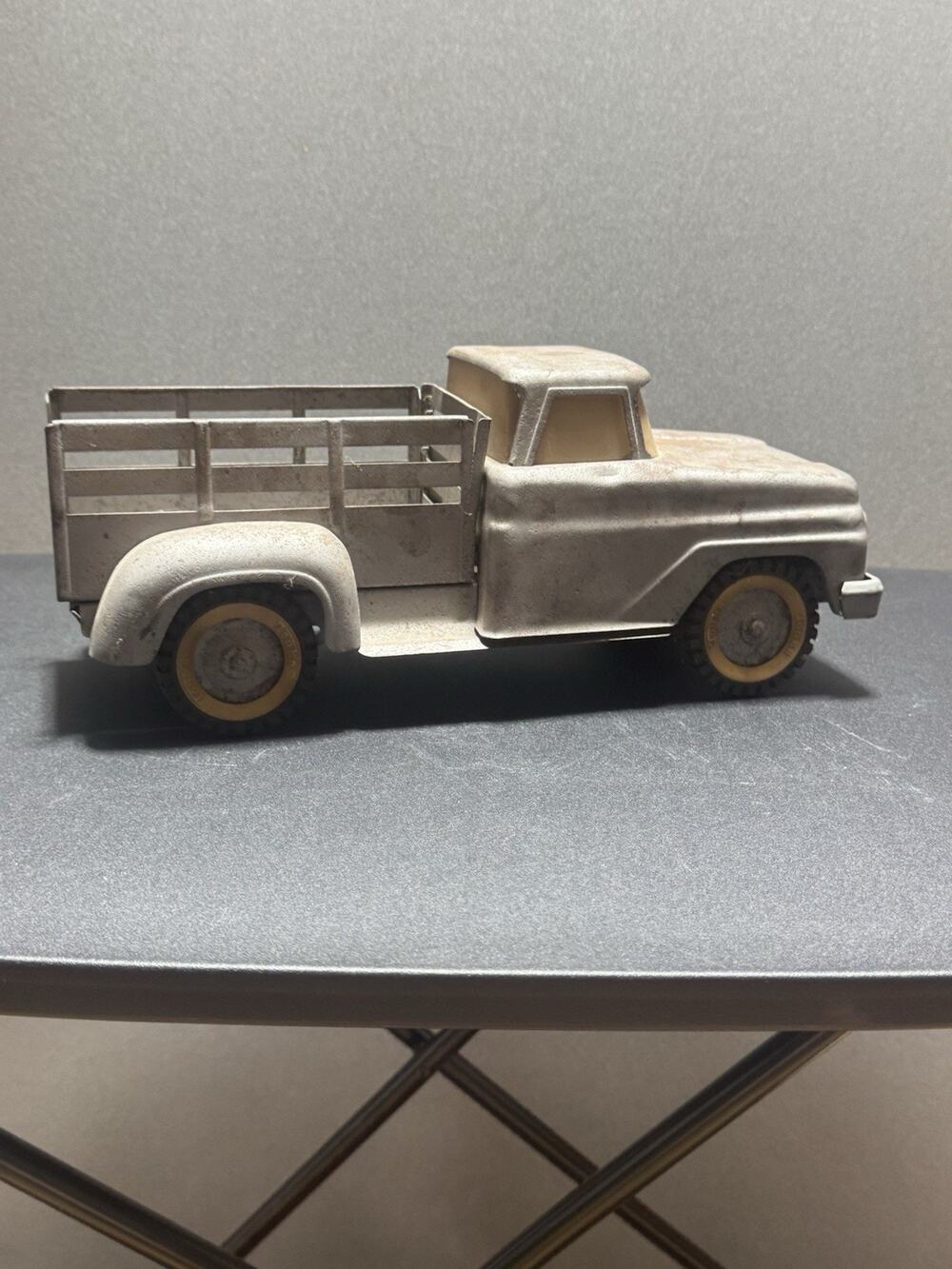 Vintage Tonka 14.5” Pressed Steel Stake Bed Farm Truck Gray Original Patina